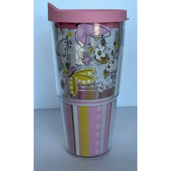 24 oz Tervis Hallmark Pink Lid Butterflies Floral Stripes Travel Tumbler Cup - Picture 2 of 6